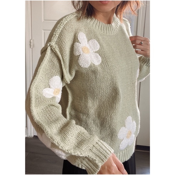 Cozy Sage Daisy Fuzzy Patch Reverse Stitch Sweater Top - Picture 3 of 11